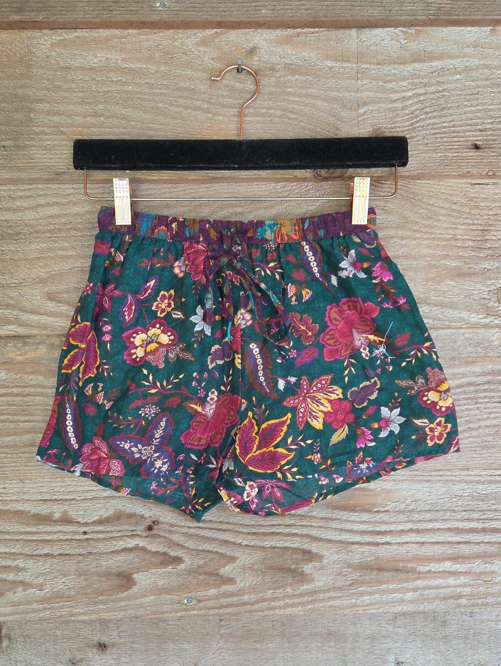 Anthropologie Floral Drawstring Shorts in Teal Green with Pink Accents